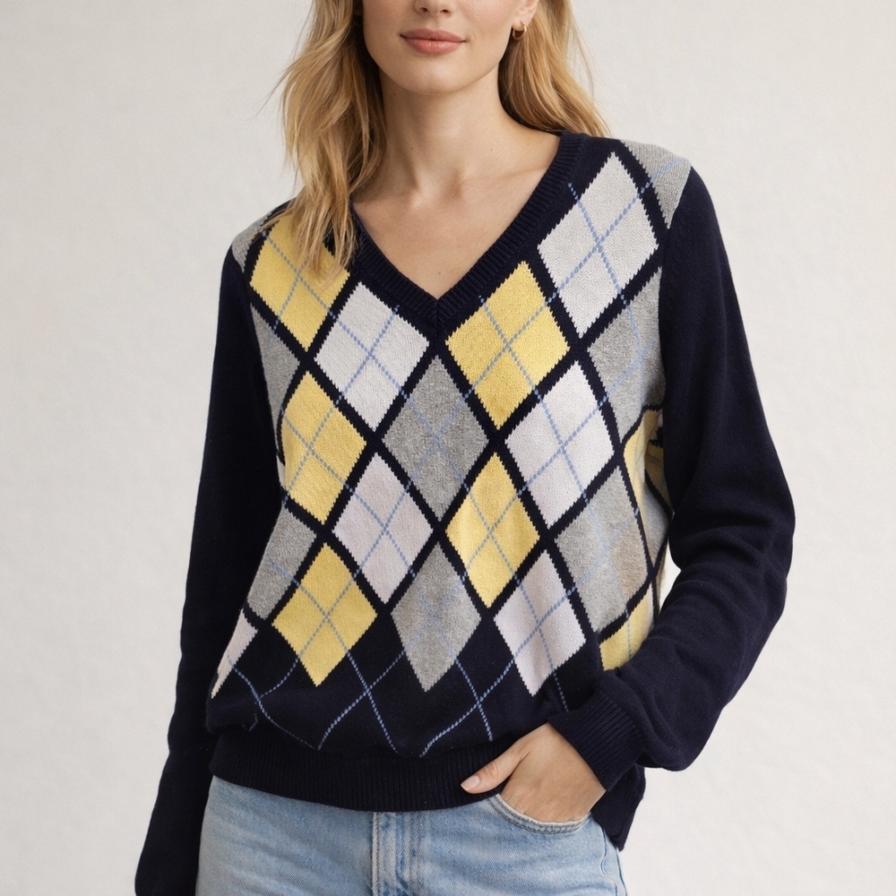 Liz Claiborne Argyle V-Neck Sweater Navy, Yellow Gray XL Old Money Preppy Academ